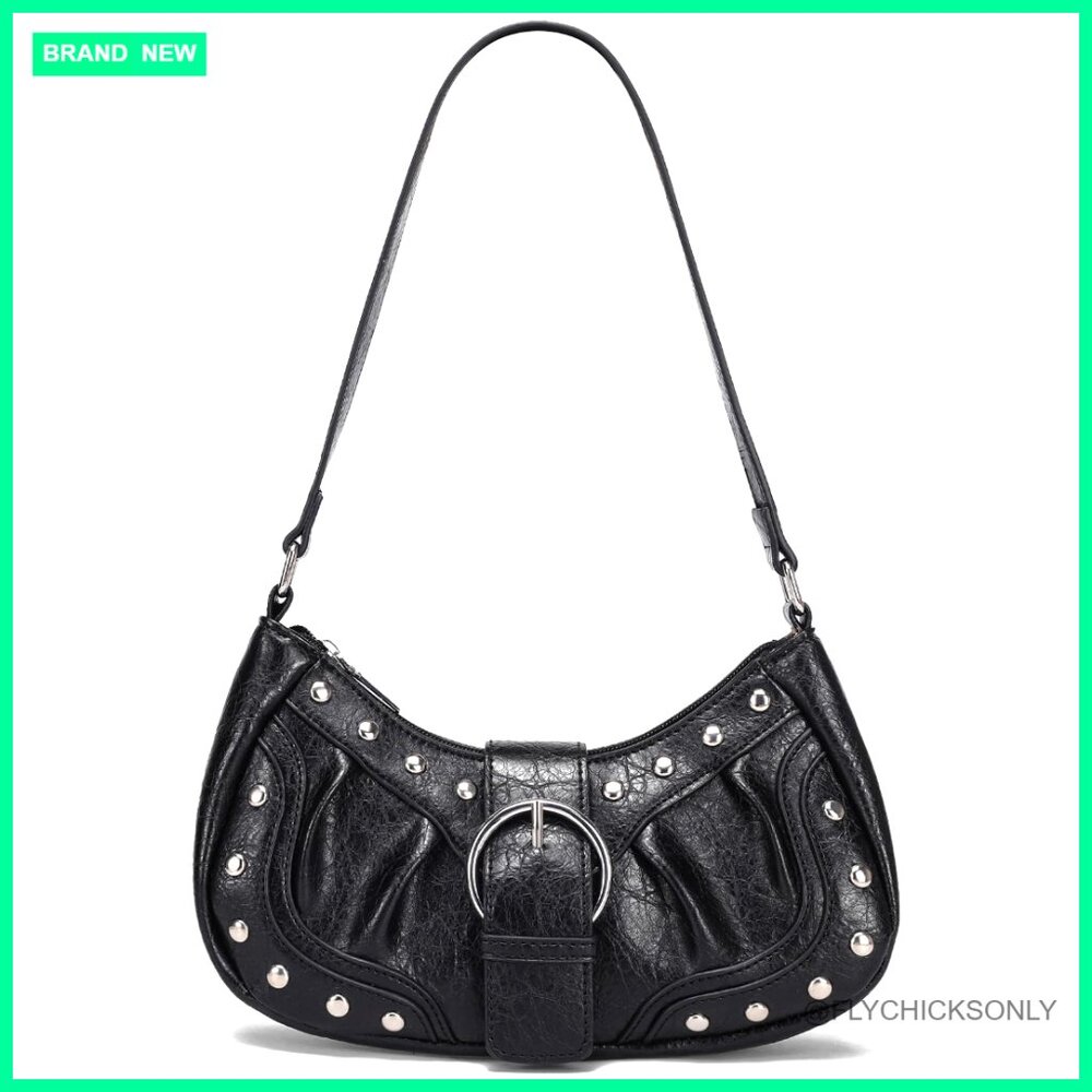 Small Vegan Leather Shoulder Bag with Rivets Y2K Punk Style Handbag